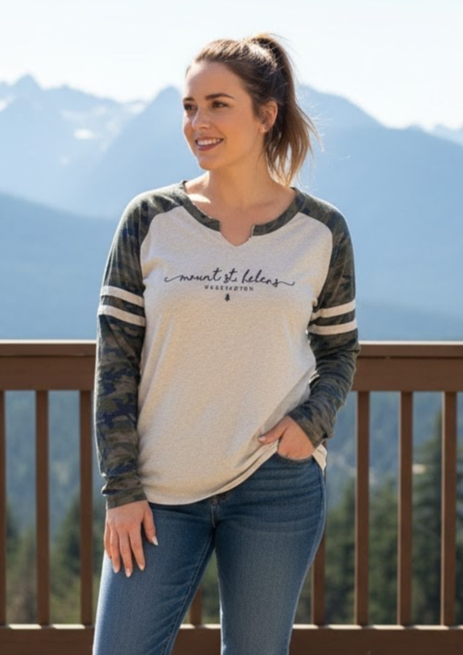 Tee Large T-Shirt Long Sleeve W L Mount St Helens Raglan Gray Camo V-Neck Light